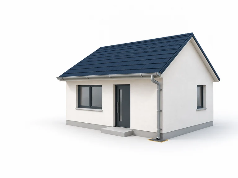 Illustration of a pale house with a roof-edge gutter and a connected downpipe.