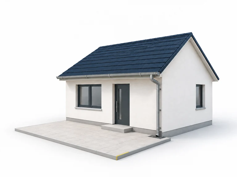 Illustration of a rectangular paved patio beside a pale house, with a small yellow edge accent.